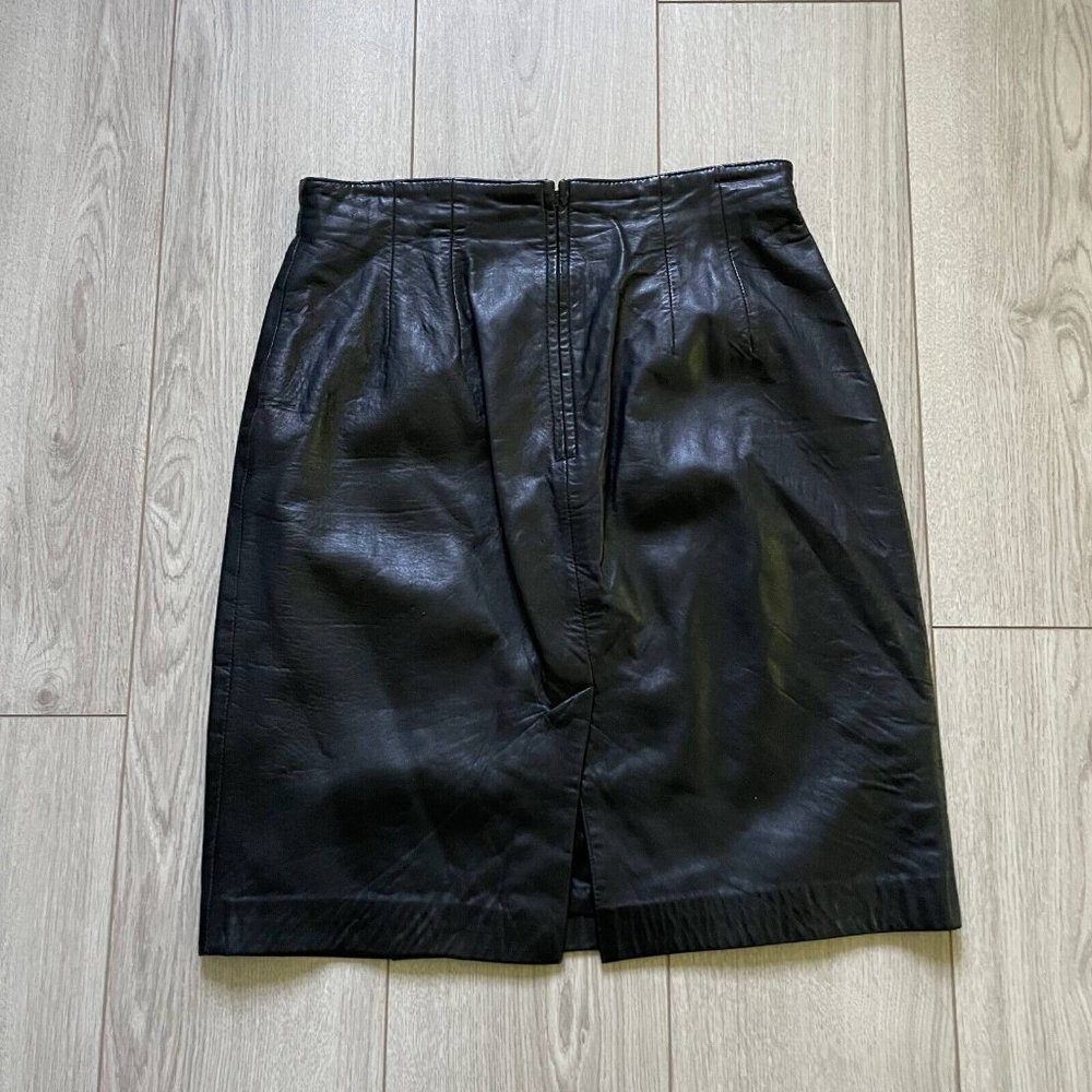 Vintage Lord & Taylor Leather Skirt Women's Black Size 12 Back Zipper - Picture 5 of 9